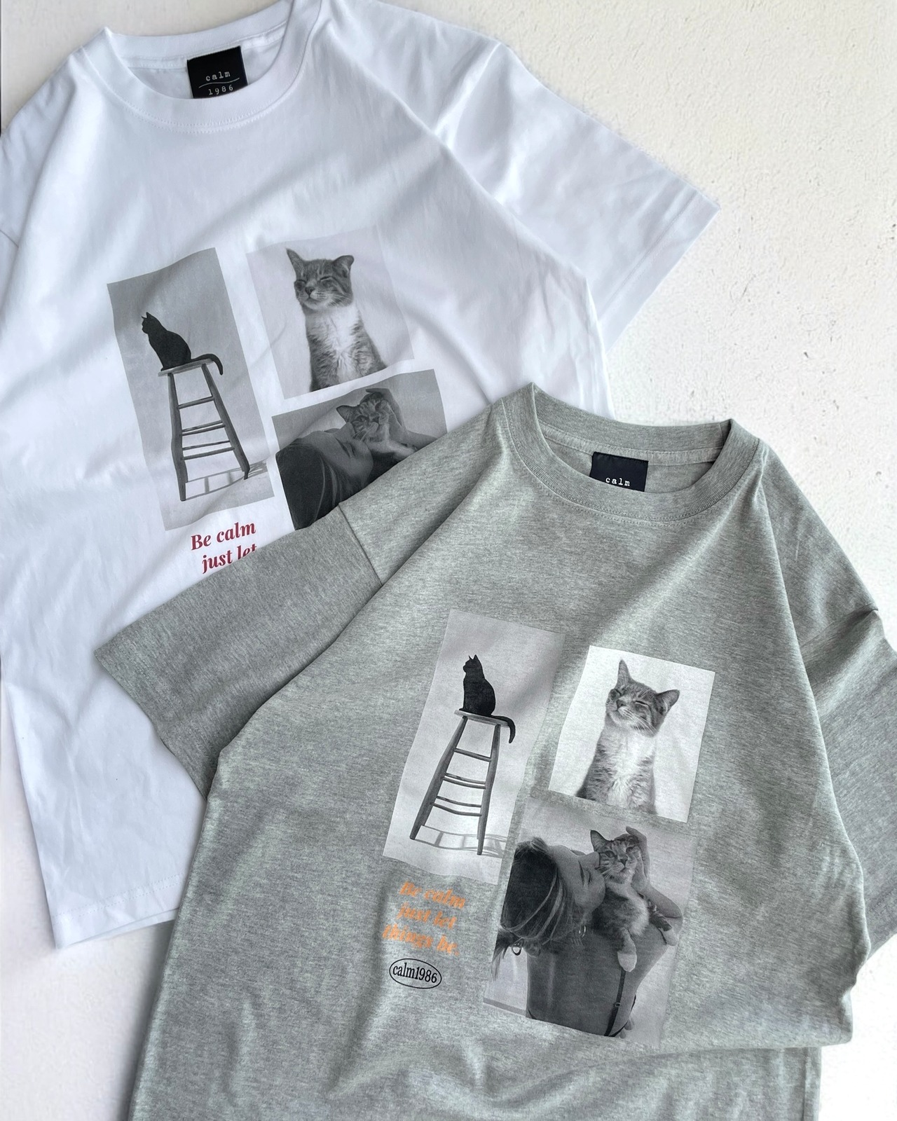 【calm original】relax fit cat photo tee <2color>