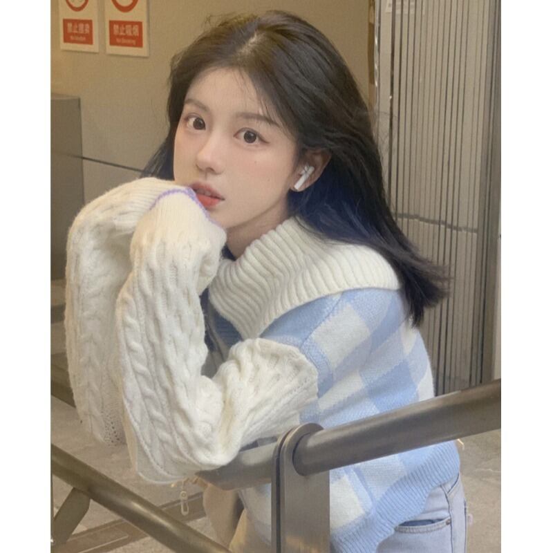 格子柄セーター レディースオータムウィンターニットカーディガンジャケット 秋物 冬物 ステッチ 萌量不足5729756275