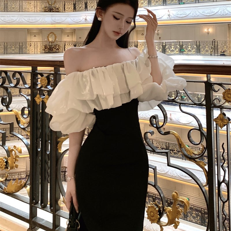 膝丈ドレス キャバドレス セクシー フレンチ ラメ入り フリル切り替え パフスリーブ オフショルダー ウエストマーク スリット入り JC2-XHY918509