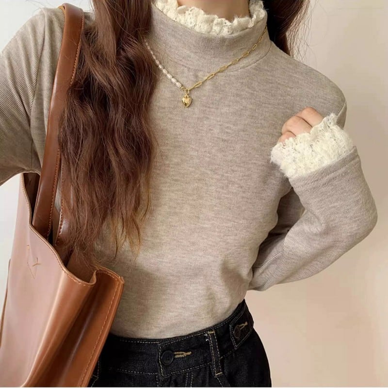 レースディテールハイネックニットトップス(4色)10808