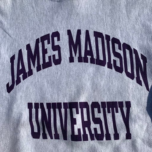 90's Champion チャンピオン リバースウィーブ RW 2段 染み込みプリント 刺繍タグ JAMES MADISON UNIVERSITY  グレー パープル カレッジ ミントコンディション USA製 LARGE 希少 ヴィンテージ | agito vintage powered by ...