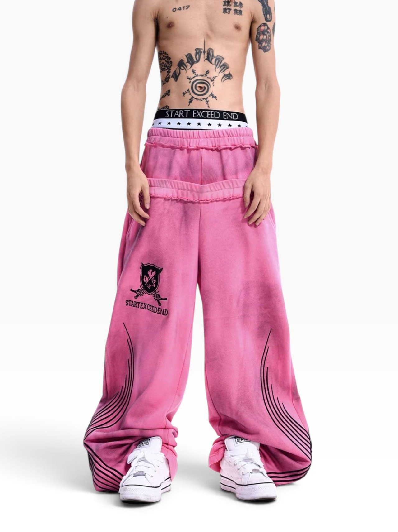【STARTEXCEEDEND】DOUBLE WAIST EMBROIDERED WIDE LEG SWEATPANTS