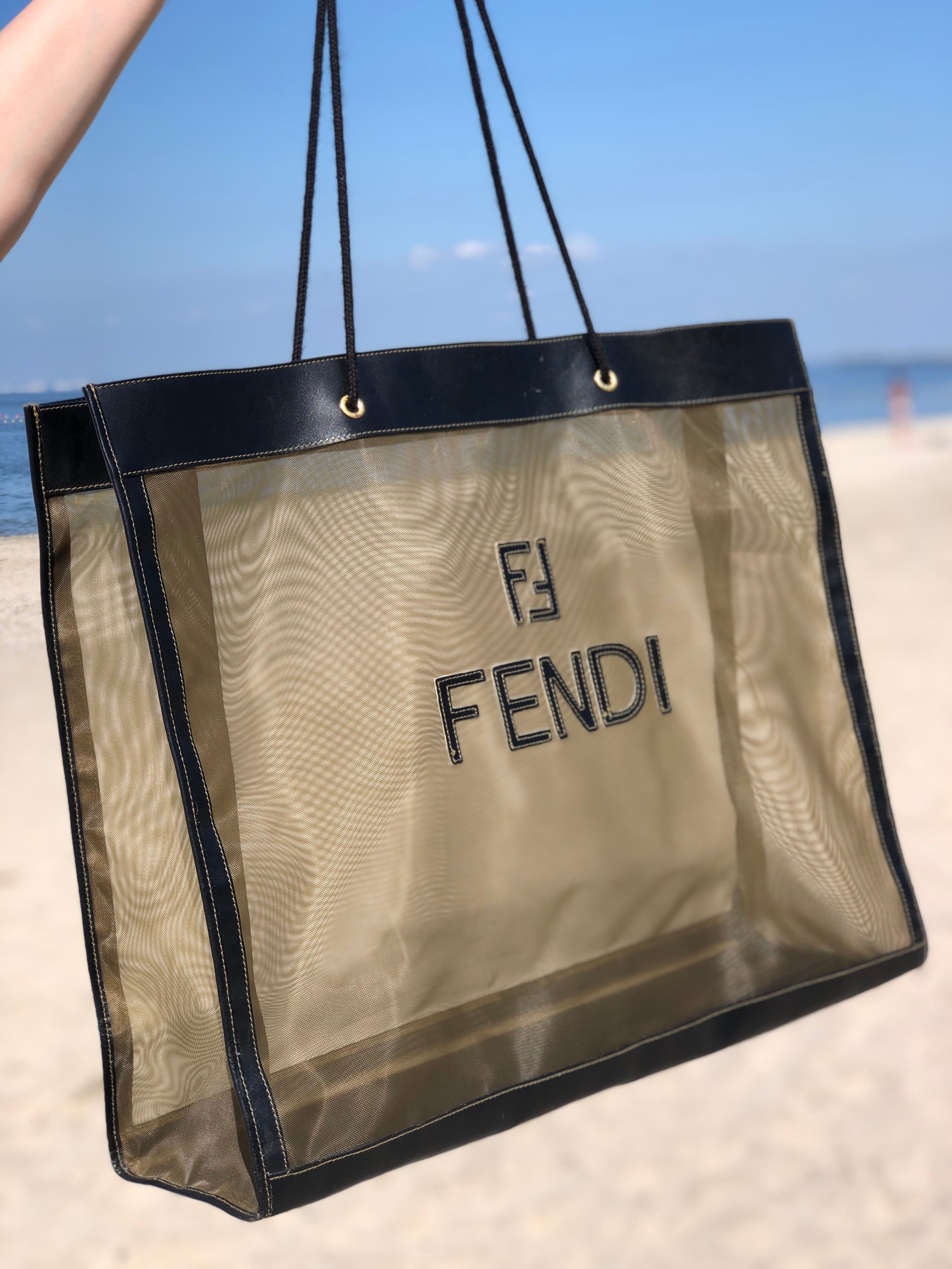 フェンディ FENDI メッシュ ロゴ トートバッグ ナイロン/レザー ブラック