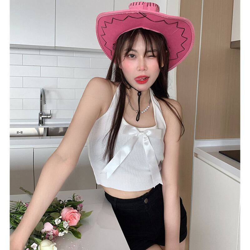 サマーショートニットホルターホワイトトップス リボン 夏物 ガールズファッション24147561391