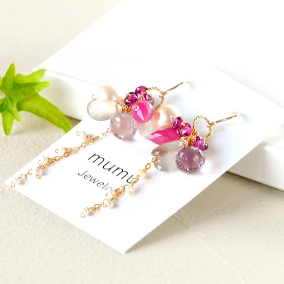 14kgf/Autumn Flower Garden 蕾ルビーxアコヤバロック真珠ピアス