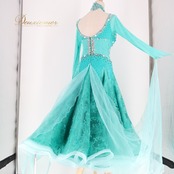 社交ダンス 衣装 スタンダードドレス ワンピース ドレス グリーン系 ブルー系 VeRTigo フリル レース フロート 青緑 デモ 競技 ダンス パーティ 発表会 豪華 華やか エレガント 上品 パフォーマンス用