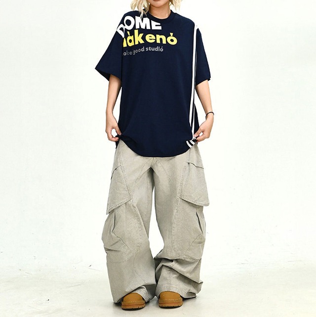 ボリュームシルエットラインデザインロゴTシャツ 2col   R02191