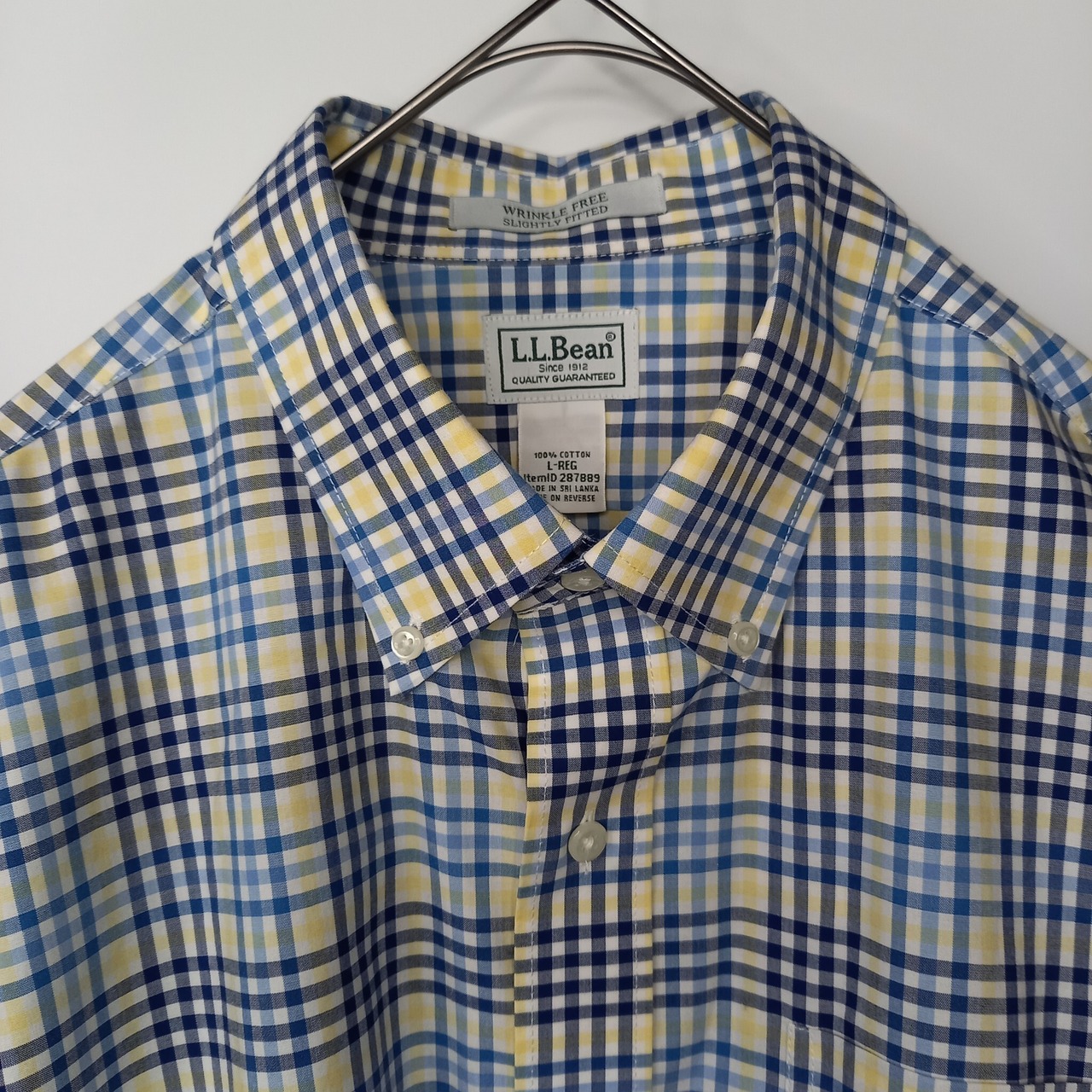 防シワ　エルエルビーン　コットン　BDシャツ　長袖　チェック　ポケット　青　黄