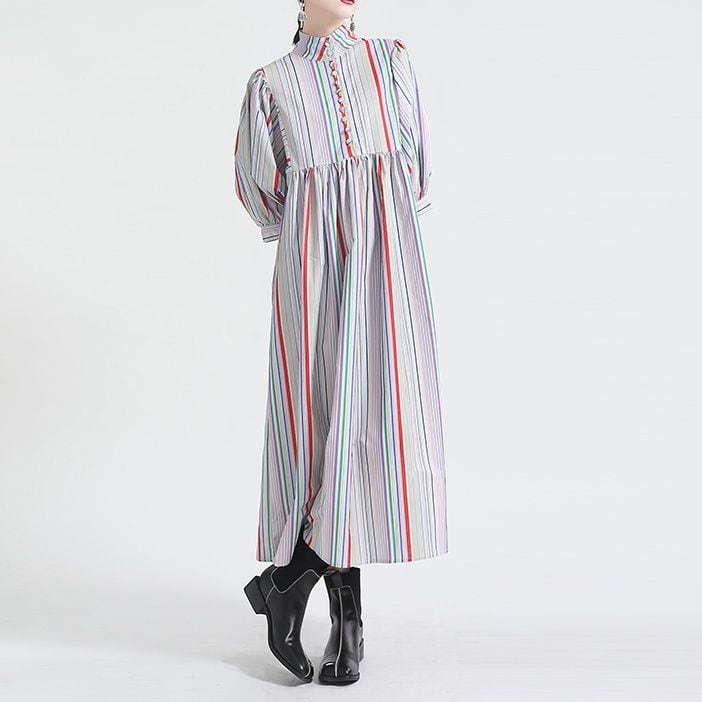DESIGN STRIPE STAND COLLAR LONG SHIRT DRESS 1color M-11764