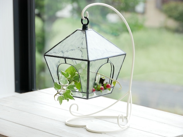 観葉植物 テラリウム（吊り下げ台座付き） ガラス 卓上 窓際 インテリア 花瓶 ステンドグラス  YY