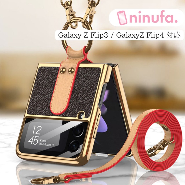 【Galaxy】5色から選べる！Galaxy Z Flip4 ◎グリップ ショルダー Galaxy Z Flip3 折りたたみ レザー スマホショルダー サムスン Galaxy ギャラクシー スマホケース ND-14928