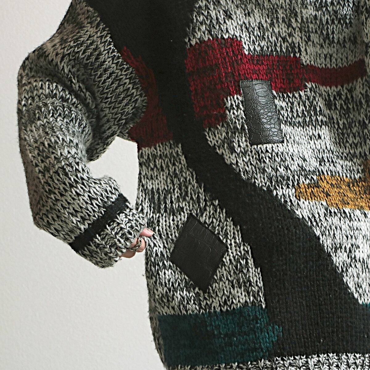 90s code zero レザーパッチ 総柄 アクリル ニットセーター 古着 used