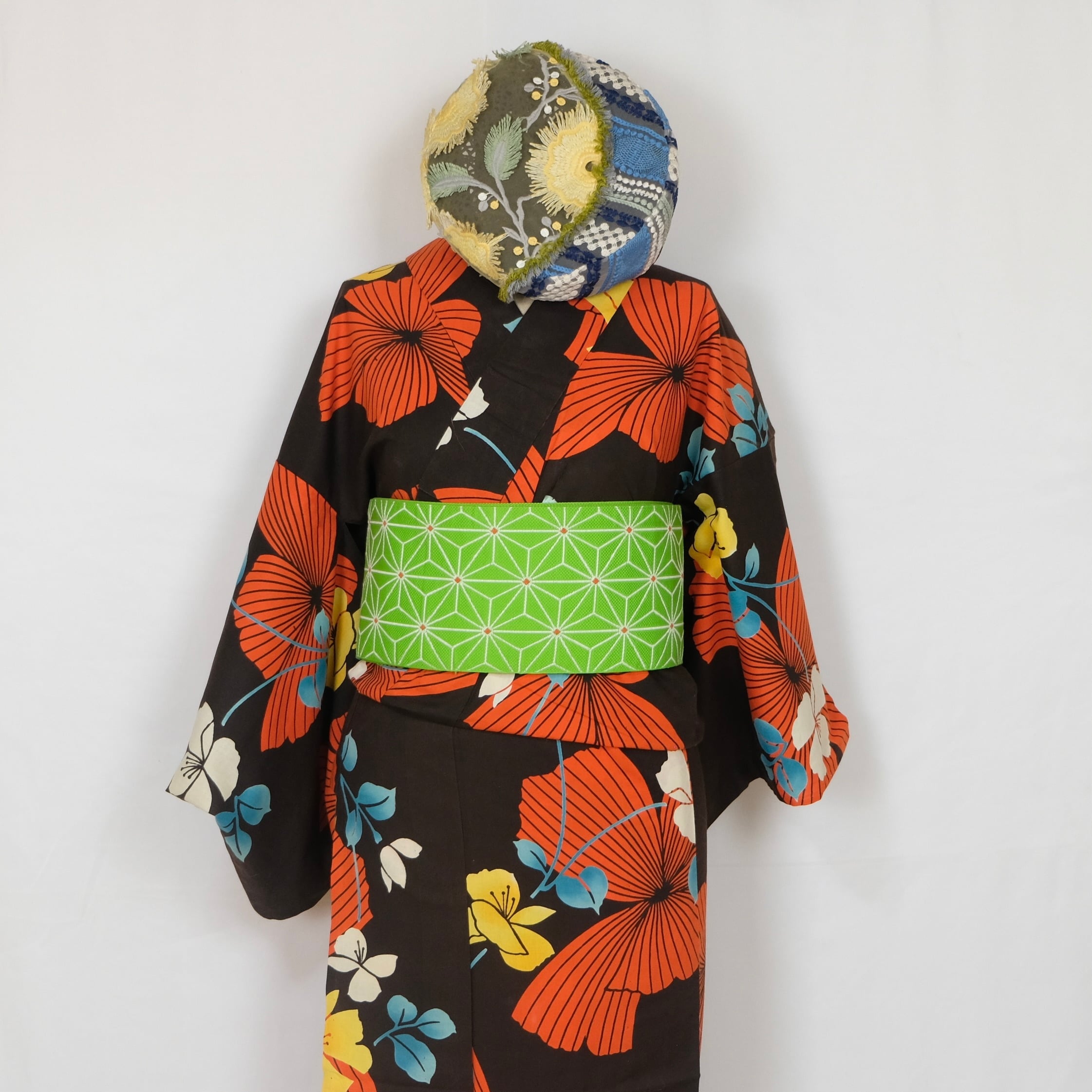 浴衣のみ☆ハイビスカス柄 濃茶地×大柄ハイビスカス｜注染浴衣（単衣着物風にも） | 古着物屋