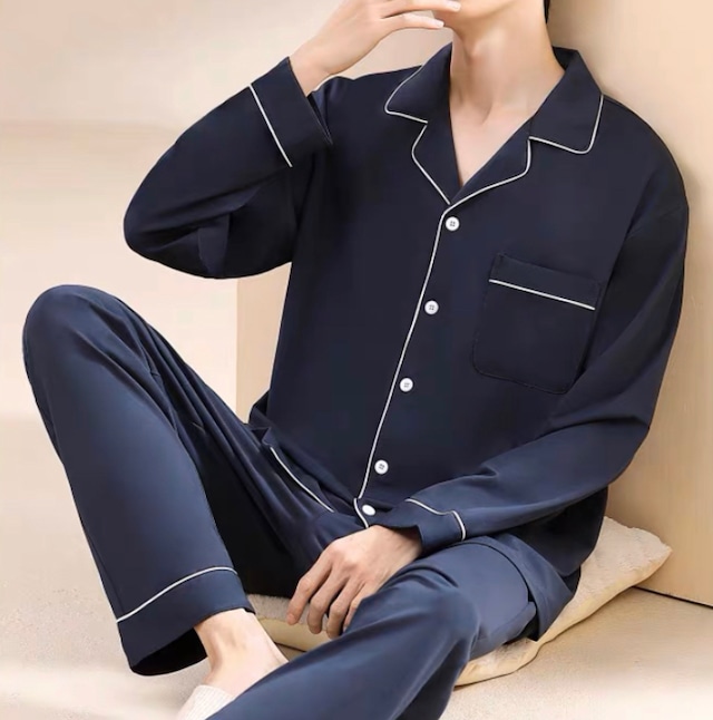【即納1点限定sale 】【men's XXLsize ネイビー 】long sleeve cotton pajama p208