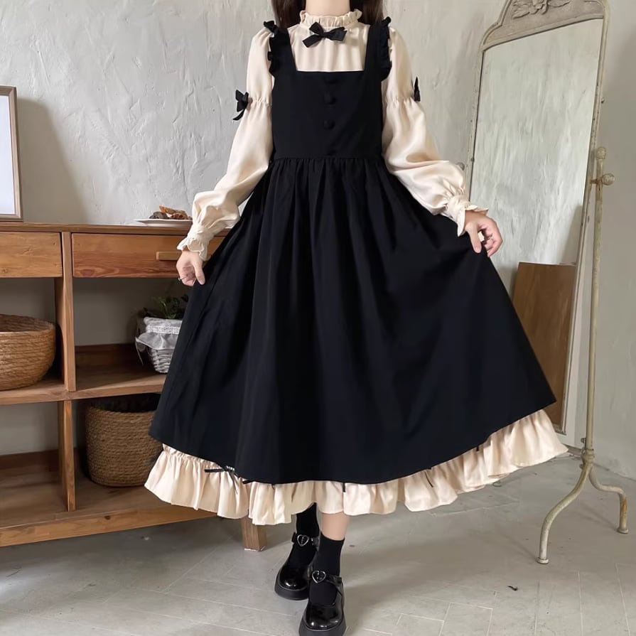 フリルデザインサスペンダーワンピース ゆめかわ♡ぷちリボン付きサスペンダーワンピース wanpi18