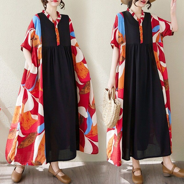 PRINT RUFFLED CONTRAST FLOWY SHORT SLEEVE DRESS M-17391