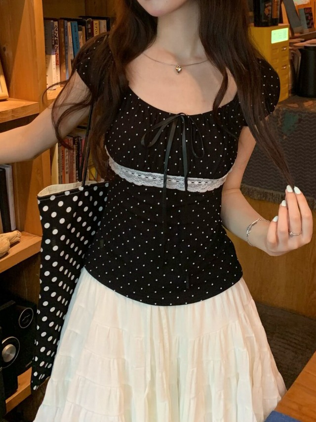 ドットレースリボン パフスリーブトップス LK1830