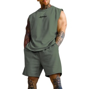 【在庫処分】[Anmur] ジャージ上下セット メンズ 夏服 タンクトップ+ショートパンツ ランニング トレーニング 快適 ポケット付き ウエスト 無地 調整可能 通気 カジュアル トレーニング 上下スウェット