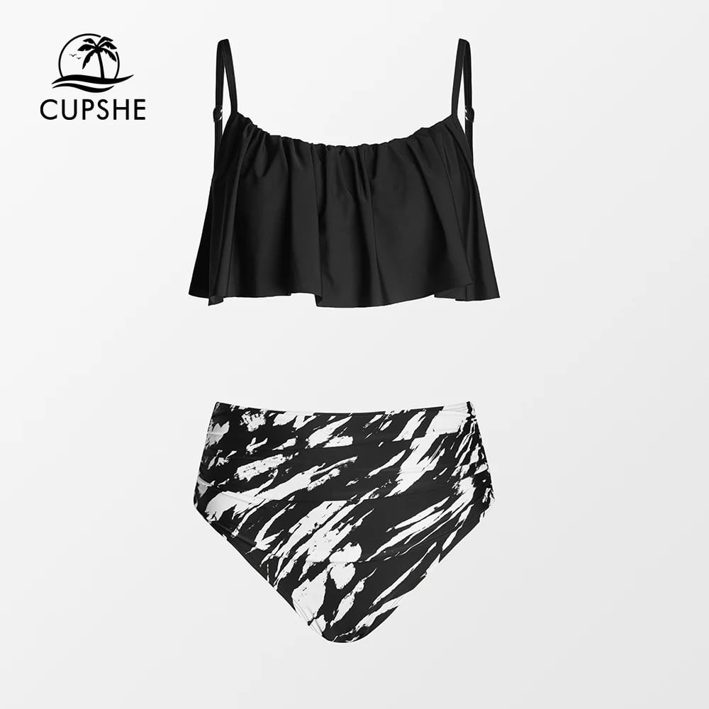 【CUPSHE】フリル ハイウエスト タンキニ ツーピース 水着 Cupshe ツーピースのタンキニ水着,ハイウエスト,女性用,セクシー