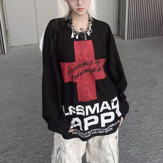 クロスプリントワッフルロングスリーブTシャツ（ruf_02827）