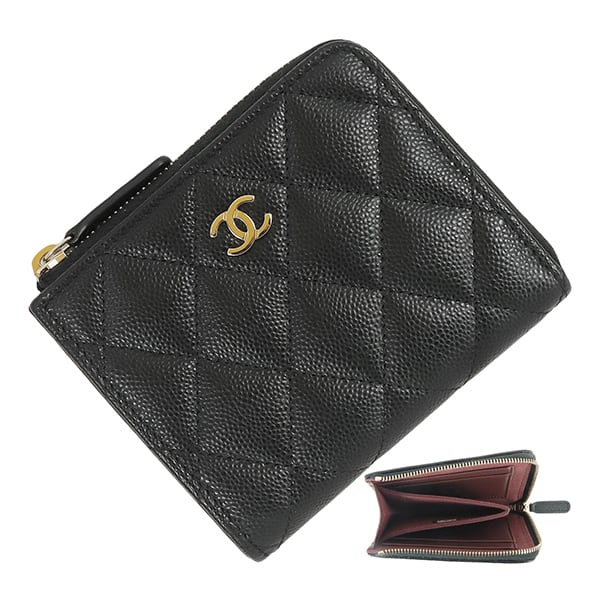 Unused CHANEL シャネル マトラッセ L字ファスナー コンパクトウォレット キャビアスキン ブラック AP3999 ミニ財布 コインケース 未使用品