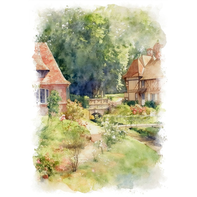 絵画 風景画(街並み)  フランス ノルマンディー地方 ルーアン インテリアアート額付き 水彩画・油絵風 WAT1053