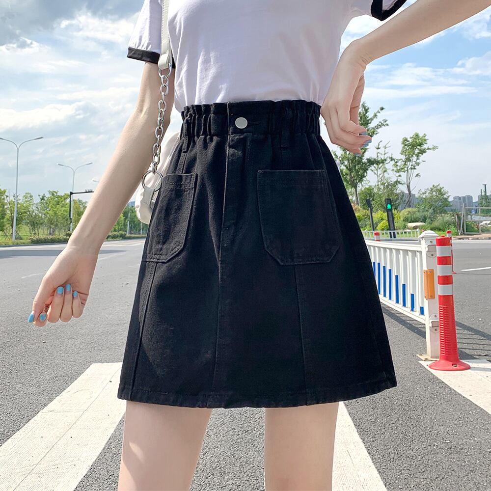 全2色 デニムミニスカートフロントアウトポケット 足見せ スカート