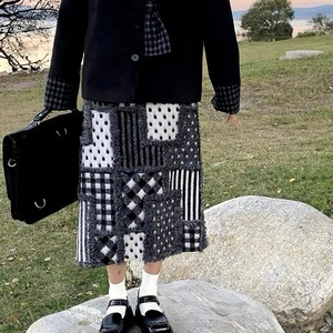 【予約】black patchwork high-waist long skirt