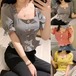 チェック柄 ブラウス バックレス ショート丈 スクエアネック 半袖 スリムフィット パフスリーブ トップス レトロ 大人可愛い ガーリー 韓国ファッション レディース 709686776038