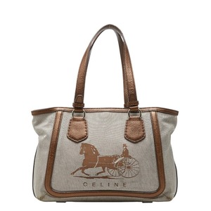 セリーヌ ロゴ 馬車 ハンドバッグ トートバッグ ブラウン キャンバス レザー レディース CELINE 【中古】