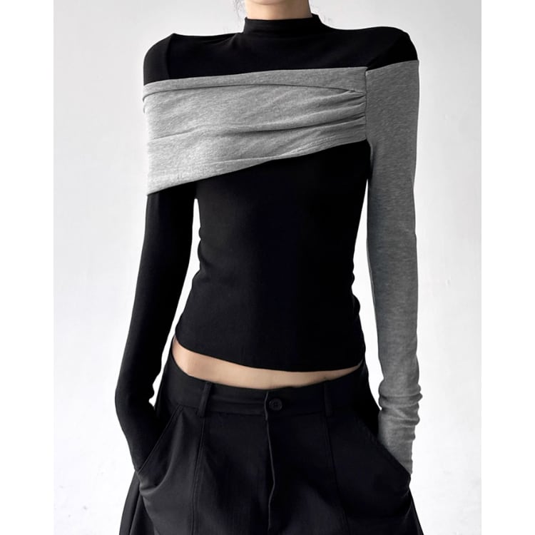 ドレープ アシンメトリー 長袖 ショート丈 カットソー ◆2col L00130