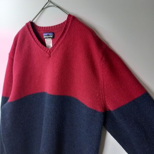 パタゴニア　ラムウール　Vネックセーター　ニット　レッド　ネイビー　M