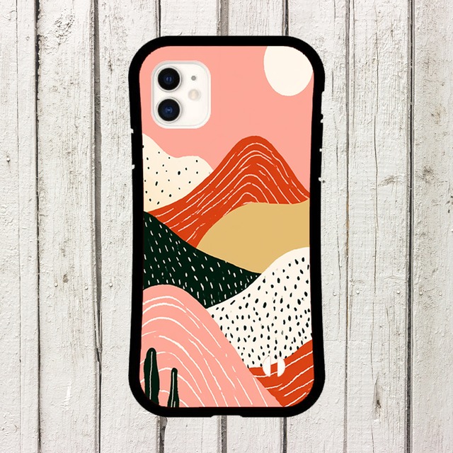 受注生産 iPhoneケース ピンク背景の山とドット抽象｜レトロウェーブ CURV015C