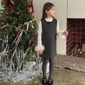 春リボンデザイン水玉柄スパンコールドレス