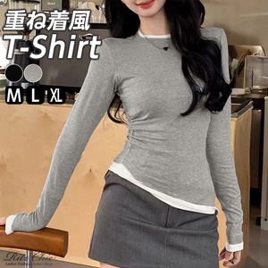 重ね着風 長袖 Tシャツ レディース 春秋冬 韓国 きれいめ 大人 カジュアル シンプル レイヤード タイト 細見え ストレッチ ドッキング トップス 大人可愛い 大人女子
