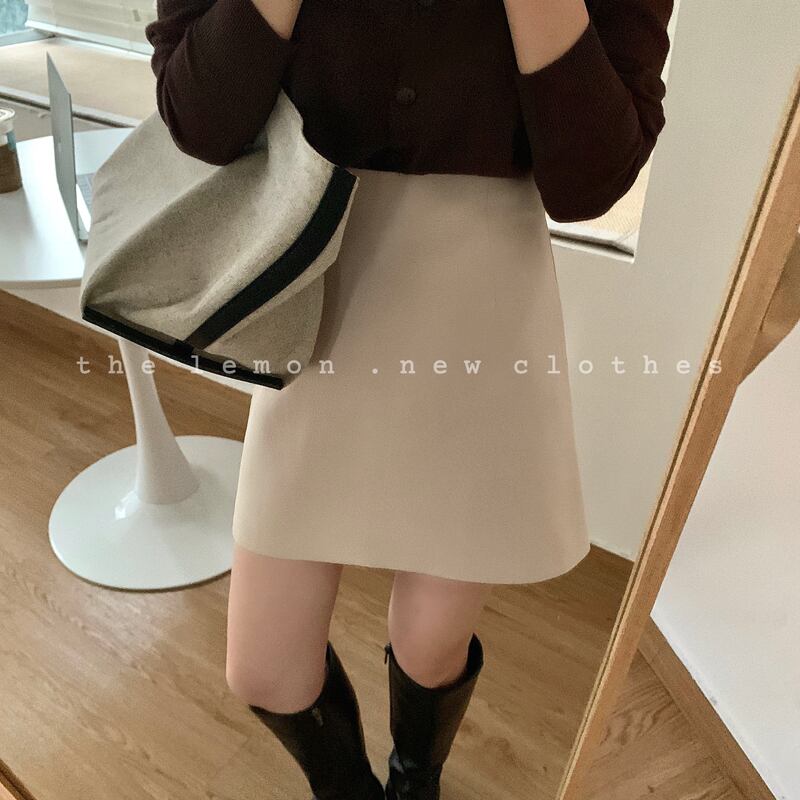 ウェストライン薄手スカート ハイウェストショートAラインソリッド カラーオータムウィンター 秋物 冬物 ソリッドカラー ビッグFスモールZ韓国72884310456