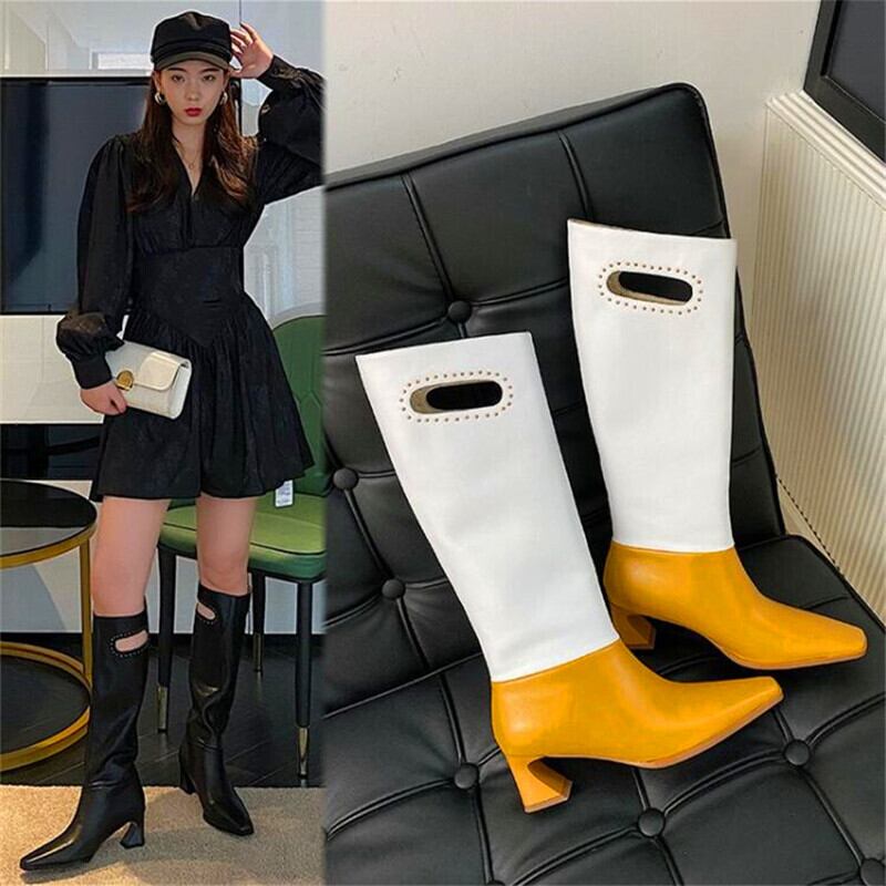 【新作】【送料無料】 カラーマッチングリベットレディースブーツブラックイエローとホワイトストレンジヒールハイヒールブーツウィンターレディースファッションブーツ 靴 シューズ 冬物 10b341130582796
