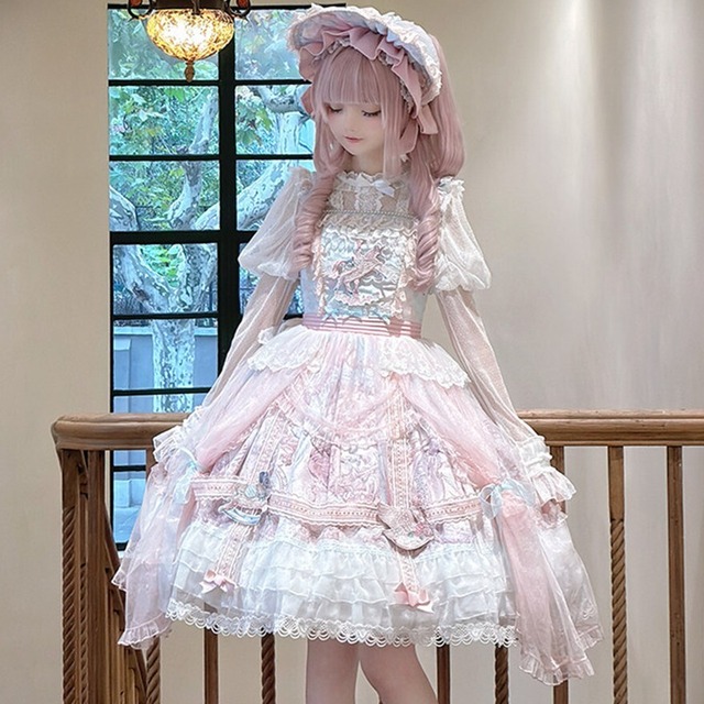 スイートロリータ プリンセスラインJSK ブラック ピンク 鳥かごパニエ付き メリーゴーランド刺繍｜撮影会・コンカフェ対応