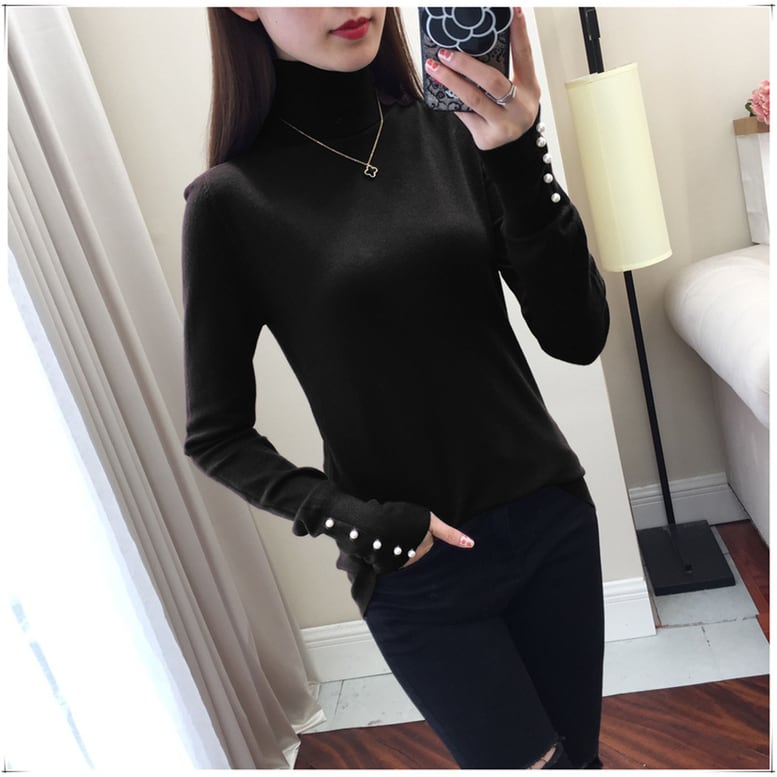 5color レディース 袖口パールハイネックニット パールボタン付きプチハイネックニットプルオーバー ボトルネックハイゲージニット トップス カットソー プルオーバー セーター 長袖 タートルネック リブ袖 スリム 袖コンシャス 春夏 春 秋冬 秋 冬 ニュアンスカラー