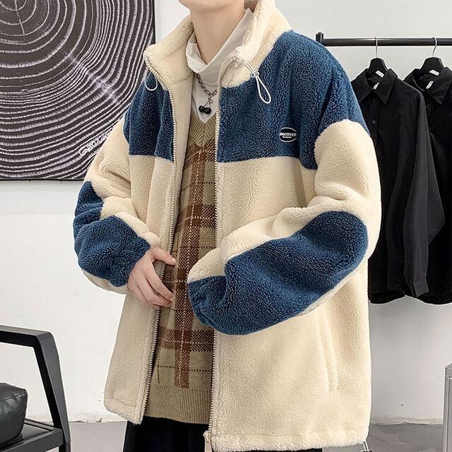 【予約販売】ブルゾン 総ボア アウター 冬 ジャケット ショート丈 ストリート メンズ シンプル オフホワイト グレー 男前 こなれ感 お洒落 韓国 トレンド 秋 冬 M/L/XL/2XL/3XL