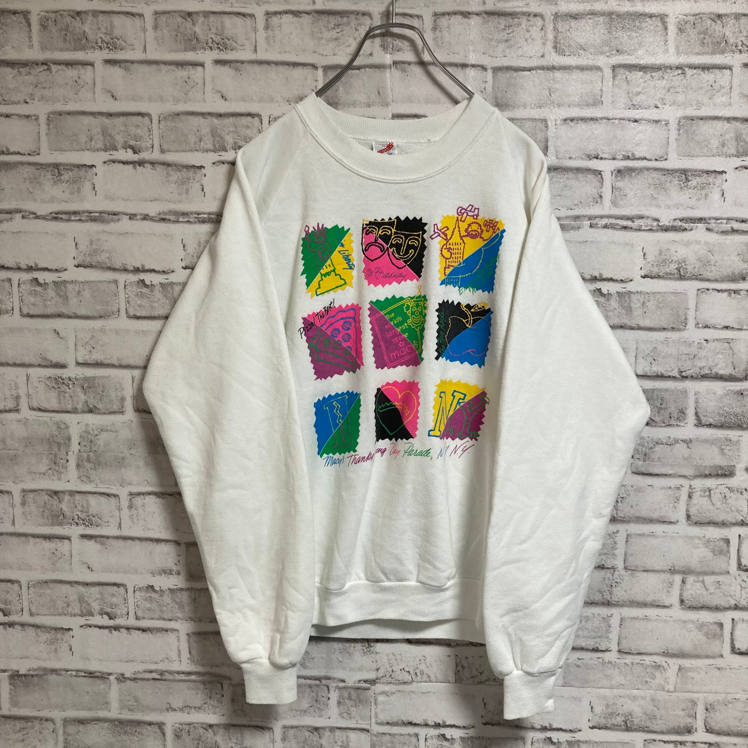 【JERZEES】L/S Sweat L 80s Made in USA “NEW YORK ” スーベニア アート系 スウェット トレーナー  お土産モノ USA製 自由の女神 ブロードウェイ エンパイアステートビル ビッグアップル ホワイト カラフルプリント アート アメリカ USA 古着