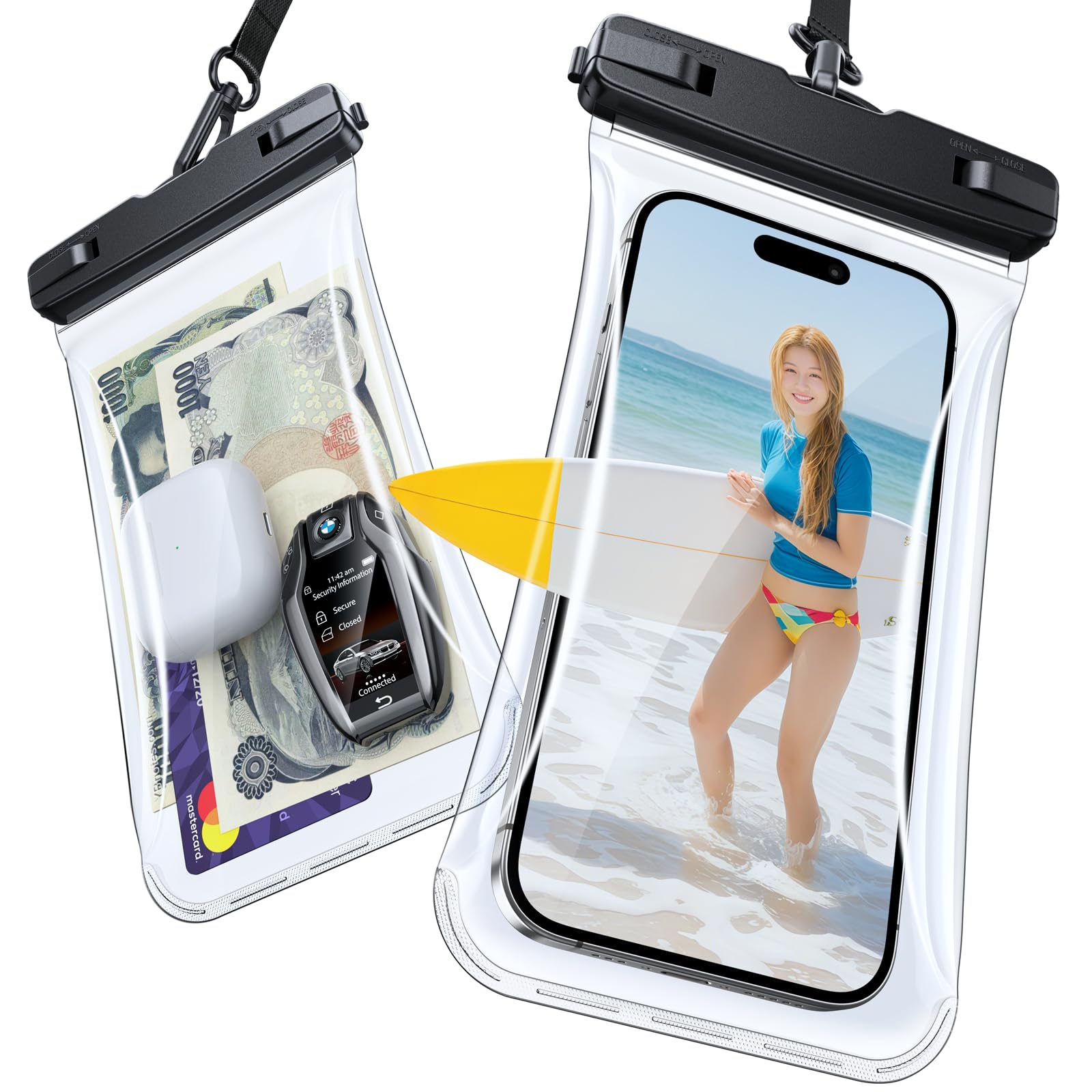 MINSLIS スマホ 防水 ケース【2枚セット・完全防水】IPX8 水中タッチ対応【サイドボタン直操作】小物収納 お風呂/海/プール/温泉対応 高透過率画面 顔認証 両手解放 ストラップ付き iPhone/Android用 携帯ケース 雪遊び/スキー/登山/釣り用(クリア)