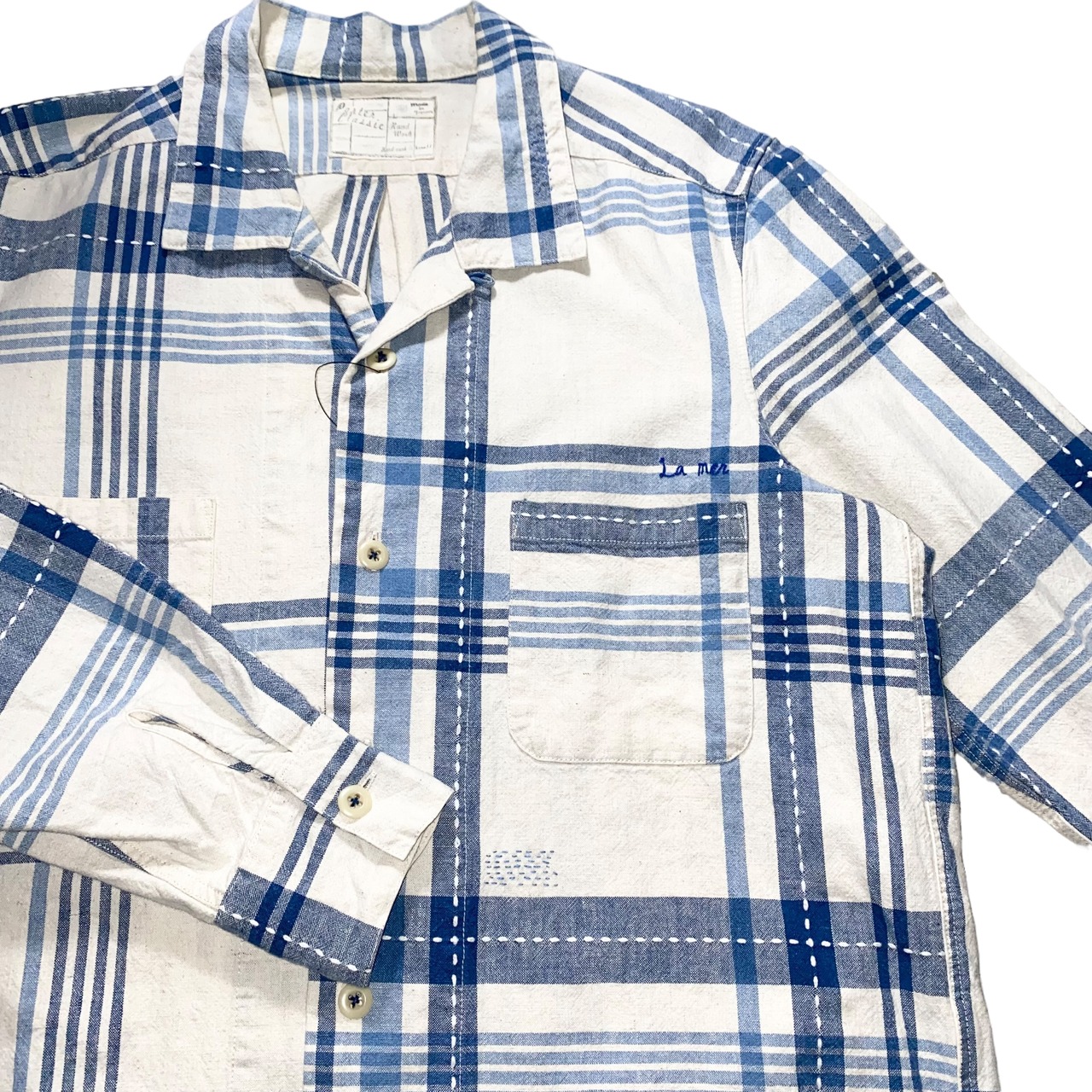 PORTER CLASSIC cotton linen open collar check shirt
