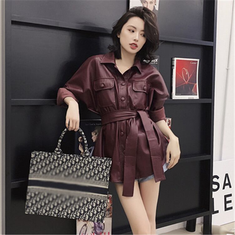 韓国ファッションレザー ウェアハイウエストハンサム オートバイ 中・長セクションpuレザージャケット