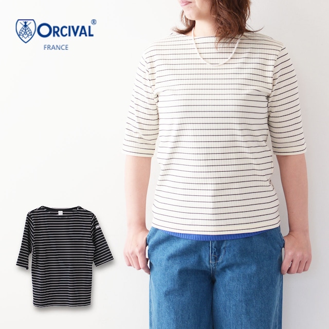 ORCIVAL [オーチバル・オーシバル] W COTTON BOAT NECK HARF SLEEVE RIB T SHIRT-BORDER- [OR-C0352ULH-B] コットン ボートネック5分袖リブTシャツ・ボーダー・リブTシャツ・ボートネック・コットン・5分袖Tシャツ・ボーダーTシャツ・LADY'S [2024SS]