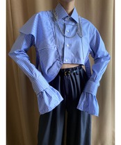 blue stripe frill remake shirt-3960-1