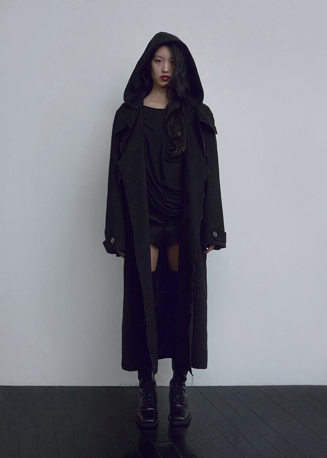 BOHEMIAN SEOUL] CUT OUT HOODIE TRENCH COAT, BLACK 正規品