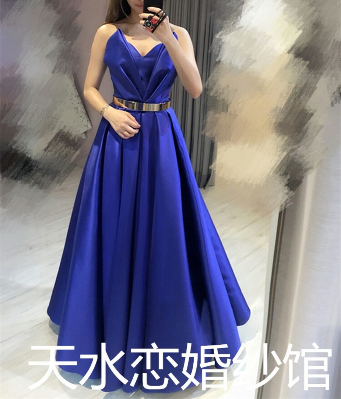 カラードレス 紫青 光沢サテン プリンセスライン ベアトップ 編み上げ  