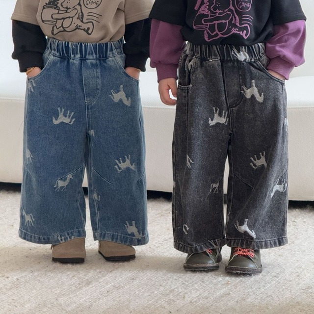 【80-150】秋ワイドデニムパンツ キッズ 男の子 女の子 ゆったりシルエット
