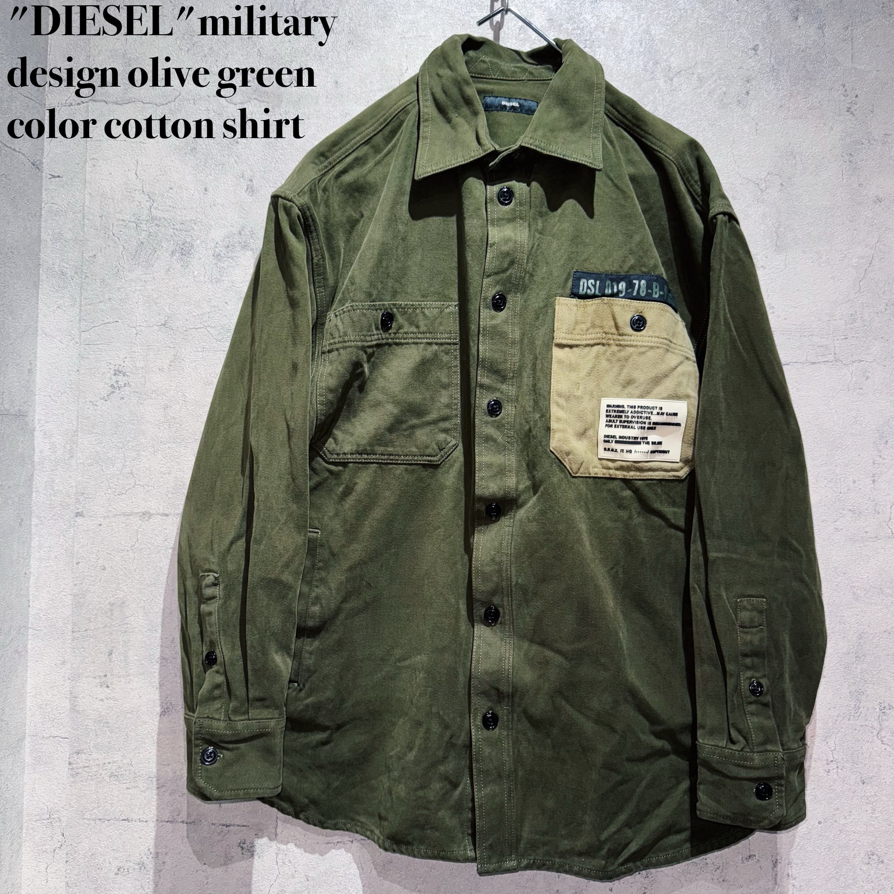 "DIESEL"military design olive green color cotton shirt